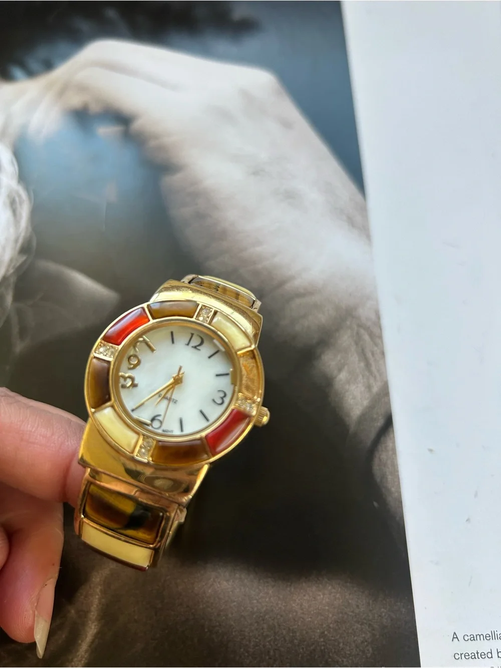 japan movt Gold-Tone Women's Watch with Red Accents